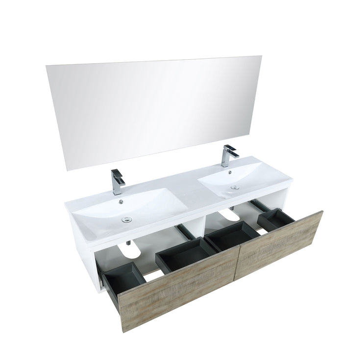 Lexora Scopi 60" Rustic Acacia Double Bathroom Vanity, Acrylic Composite Top with Integrated Sinks, Balzani Gun Metal Faucet Set, and 55" Frameless Mirror LSC60DRAOSM55FGM