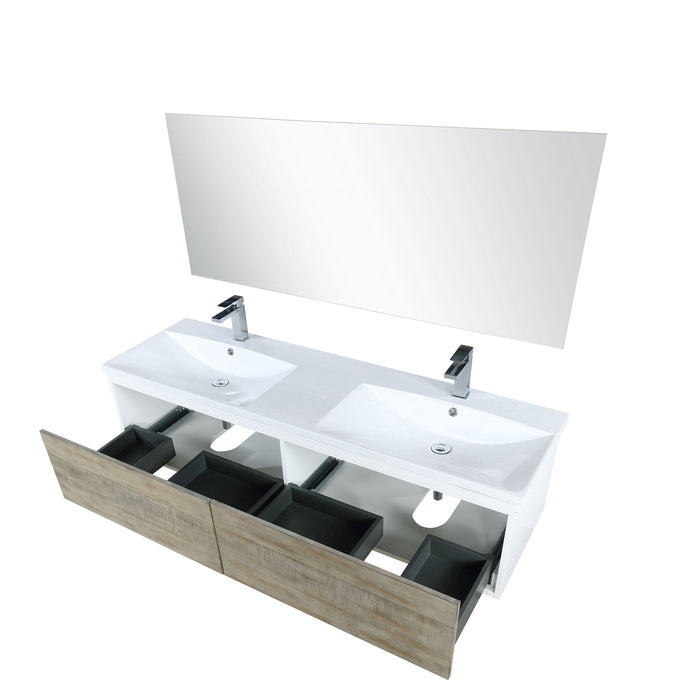 Lexora Scopi 60" Rustic Acacia Double Bathroom Vanity, Acrylic Composite Top with Integrated Sinks, Balzani Gun Metal Faucet Set, and 55" Frameless Mirror LSC60DRAOSM55FGM