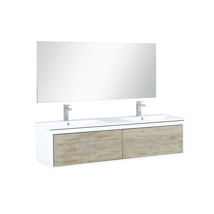 Lexora Scopi 60" Rustic Acacia Double Bathroom Vanity, Acrylic Composite Top with Integrated Sinks, Balzani Gun Metal Faucet Set, and 55" Frameless Mirror LSC60DRAOSM55FGM