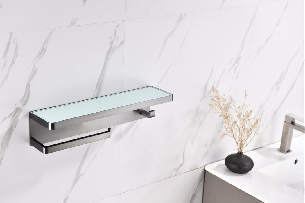 Lexora Bagno Bianca Stainless Steel White Glass Shelf w/ Towel Bar & Robe Hook - Gun Metal LSTR18152GMWG