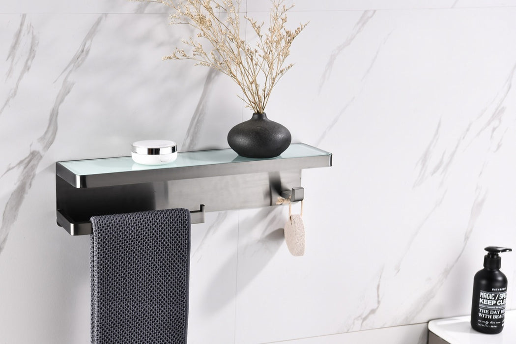 Lexora Bagno Bianca Stainless Steel White Glass Shelf w/ Towel Bar & Robe Hook - Gun Metal LSTR18152GMWG