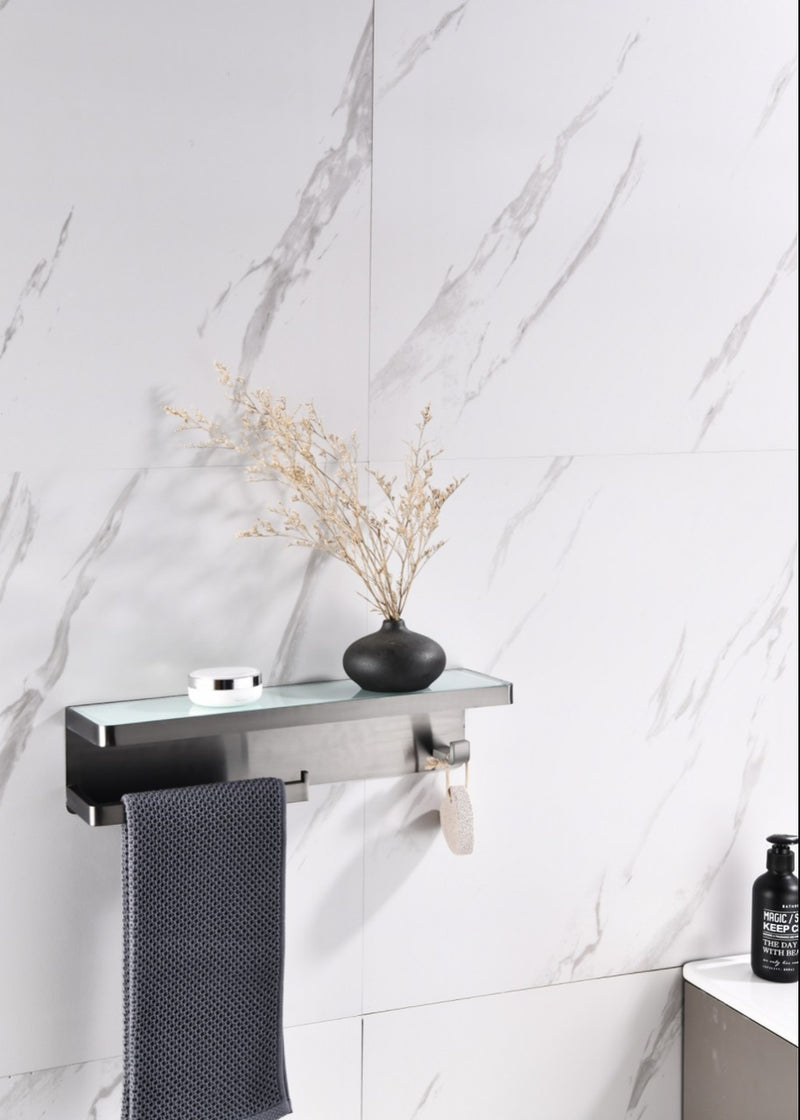 Lexora Bagno Bianca Stainless Steel White Glass Shelf w/ Towel Bar & Robe Hook - Gun Metal LSTR18152GMWG