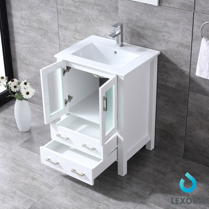 Lexora  Volez 24" White Single Vanity, Integrated Top, White Integrated Square Sink and 22" Mirror LV341824SAESM22