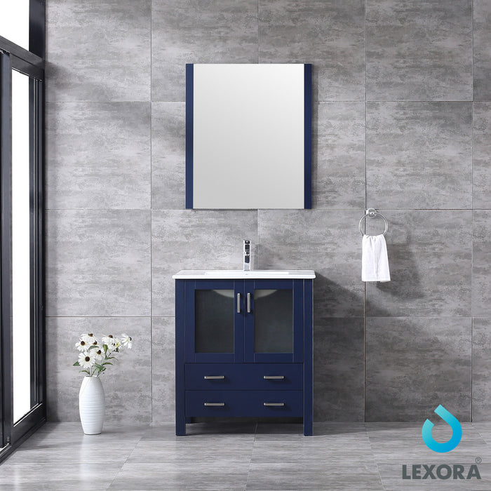 Lexora  Volez 30" Navy Blue Single Vanity, Integrated Top, White Integrated Square Sink and 28" Mirror LV341830SEESM28