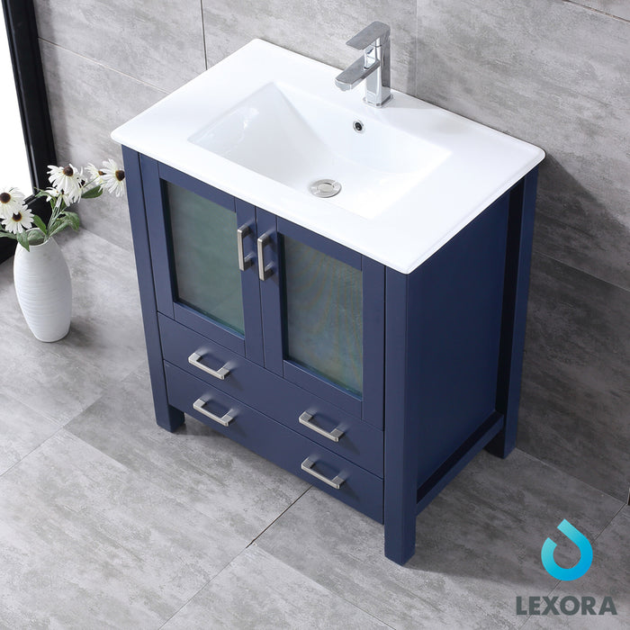 Lexora  Volez 30" Navy Blue Single Vanity, Integrated Top, White Integrated Square Sink and 28" Mirror LV341830SEESM28