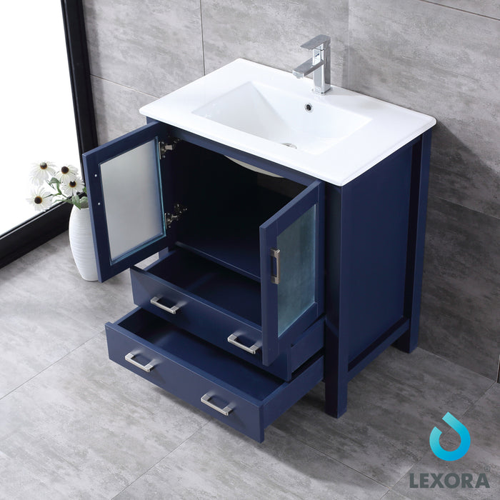 Lexora  Volez 30" Navy Blue Single Vanity, Integrated Top, White Integrated Square Sink and 28" Mirror LV341830SEESM28