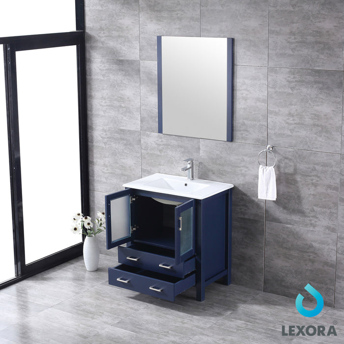 Lexora  Volez 30" Navy Blue Single Vanity, Integrated Top, White Integrated Square Sink and 28" Mirror LV341830SEESM28