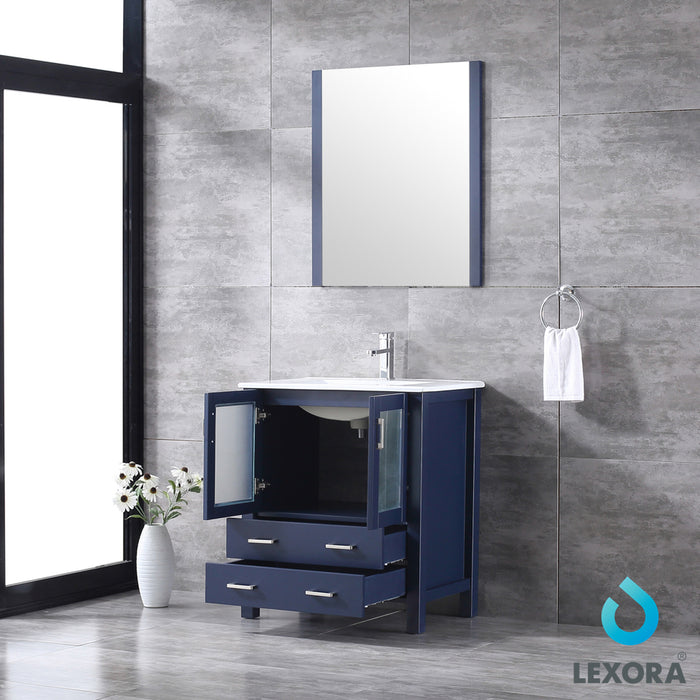 Lexora  Volez 30" Navy Blue Single Vanity, Integrated Top, White Integrated Square Sink and 28" Mirror LV341830SEESM28