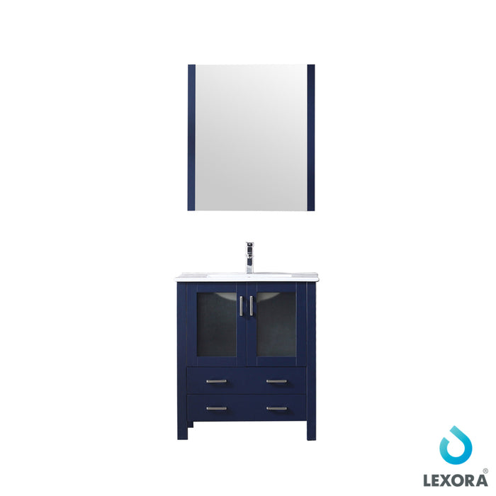 Lexora  Volez 30" Navy Blue Single Vanity, Integrated Top, White Integrated Square Sink and 28" Mirror LV341830SEESM28