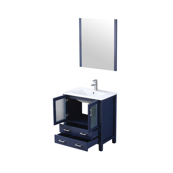 Lexora  Volez 30" Navy Blue Single Vanity, Integrated Top, White Integrated Square Sink and 28" Mirror w/ Faucet LV341830SEESM28F