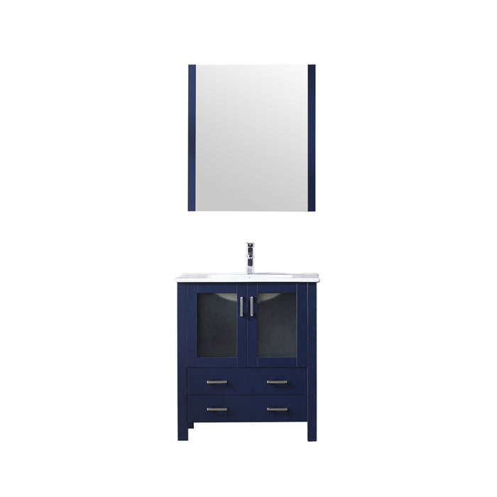 Lexora  Volez 30" Navy Blue Single Vanity, Integrated Top, White Integrated Square Sink and 28" Mirror w/ Faucet LV341830SEESM28F