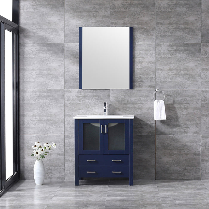 Lexora  Volez 30" Navy Blue Single Vanity, Integrated Top, White Integrated Square Sink and 28" Mirror w/ Faucet LV341830SEESM28F