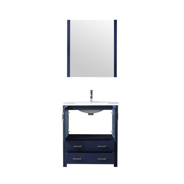 Lexora  Volez 30" Navy Blue Single Vanity, Integrated Top, White Integrated Square Sink and 28" Mirror w/ Faucet LV341830SEESM28F