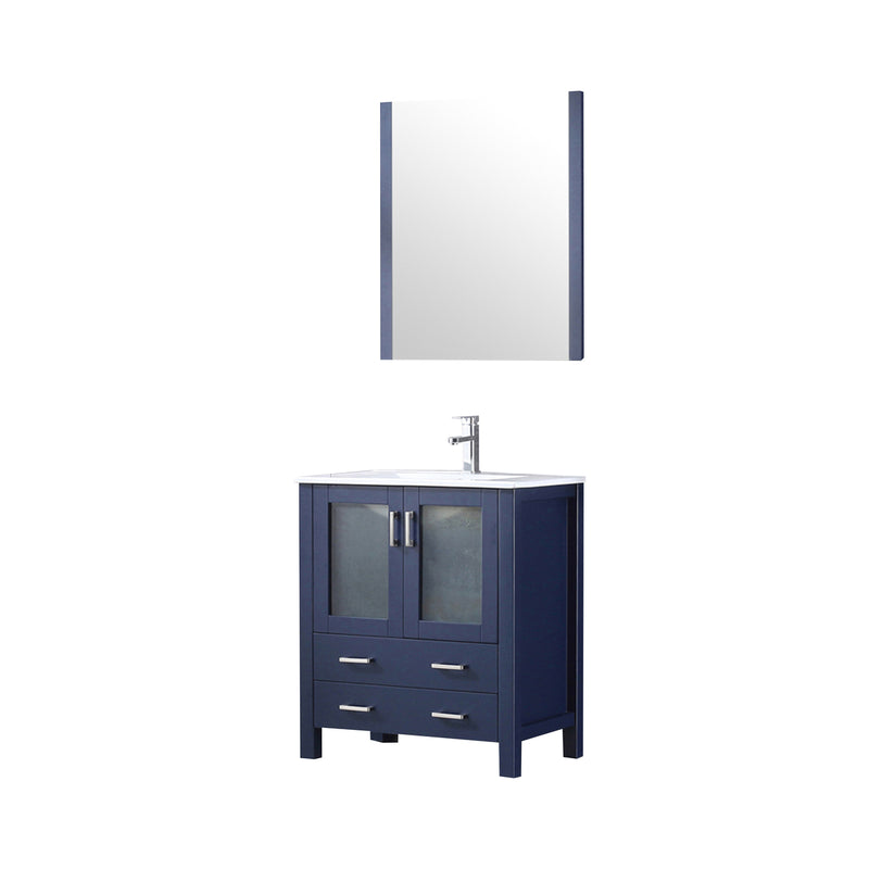 Lexora  Volez 30" Navy Blue Single Vanity, Integrated Top, White Integrated Square Sink and 28" Mirror w/ Faucet LV341830SEESM28F