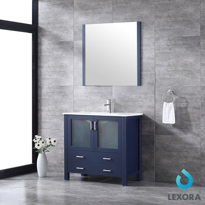 Lexora  Volez 36" Navy Blue Single Vanity, Integrated Top, White Integrated Square Sink and 34" Mirror LV341836SEESM34