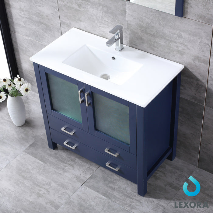 Lexora  Volez 36" Navy Blue Single Vanity, Integrated Top, White Integrated Square Sink and 34" Mirror LV341836SEESM34