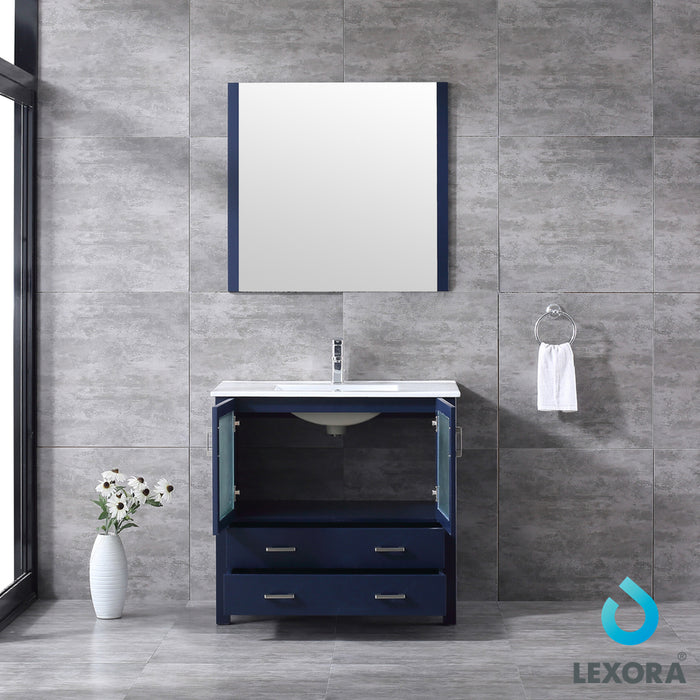 Lexora  Volez 36" Navy Blue Single Vanity, Integrated Top, White Integrated Square Sink and 34" Mirror LV341836SEESM34