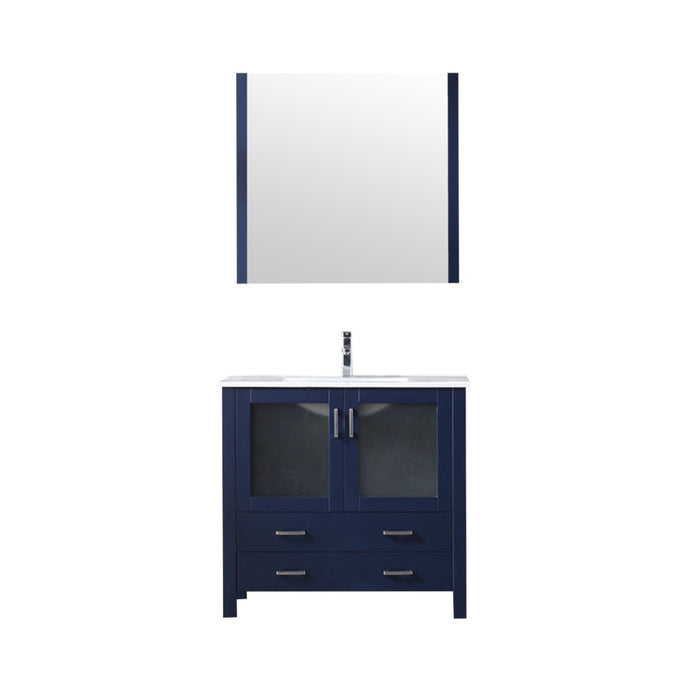 Lexora  Volez 36" Navy Blue Single Vanity, Integrated Top, White Integrated Square Sink and 34" Mirror w/ Faucet LV341836SEESM34F