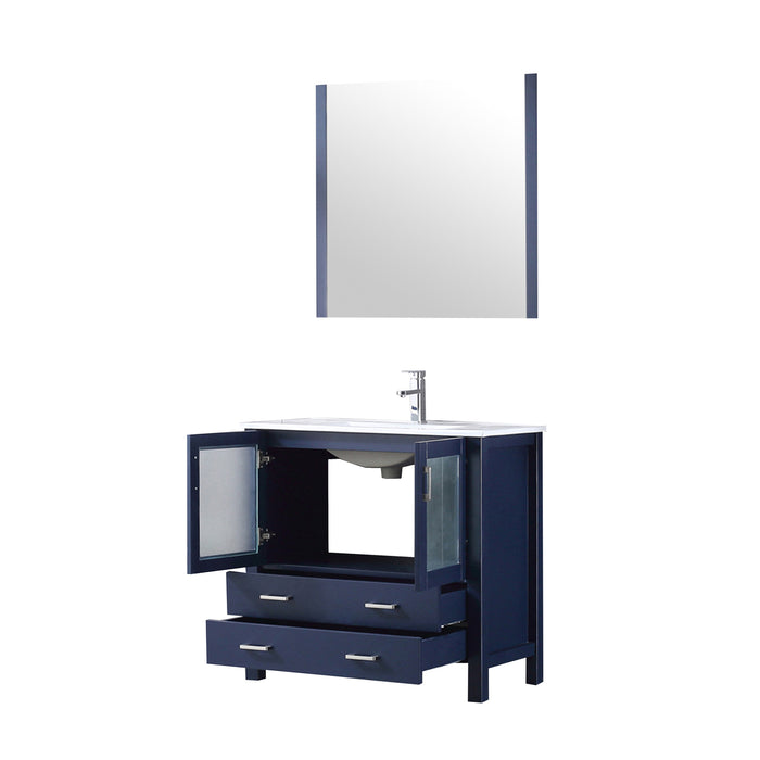 Lexora  Volez 36" Navy Blue Single Vanity, Integrated Top, White Integrated Square Sink and 34" Mirror w/ Faucet LV341836SEESM34F