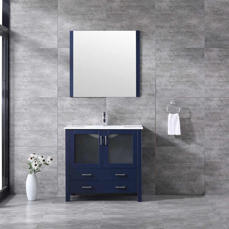 Lexora  Volez 36" Navy Blue Single Vanity, Integrated Top, White Integrated Square Sink and 34" Mirror w/ Faucet LV341836SEESM34F