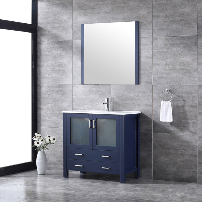 Lexora  Volez 36" Navy Blue Single Vanity, Integrated Top, White Integrated Square Sink and 34" Mirror w/ Faucet LV341836SEESM34F