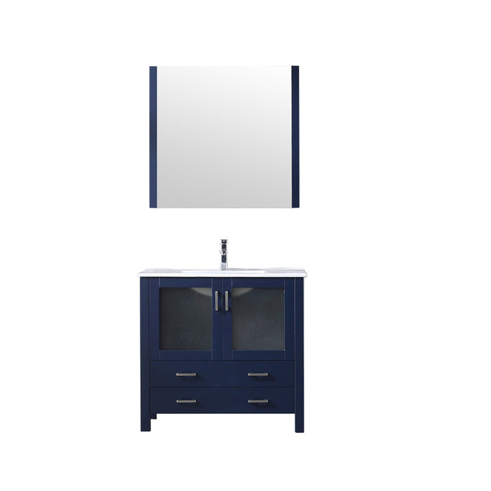 Lexora  Volez 36" Navy Blue Single Vanity, Integrated Top, White Integrated Square Sink and 34" Mirror LV341836SEESM34