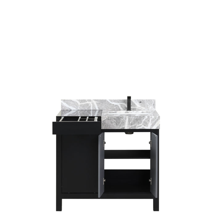 Lexora Zilara 36" Black and Grey Vanity, Castle Grey Marble Top, White Square Sink, and Balzani Gun Metal Faucet Set - LZ342236SLISFBG