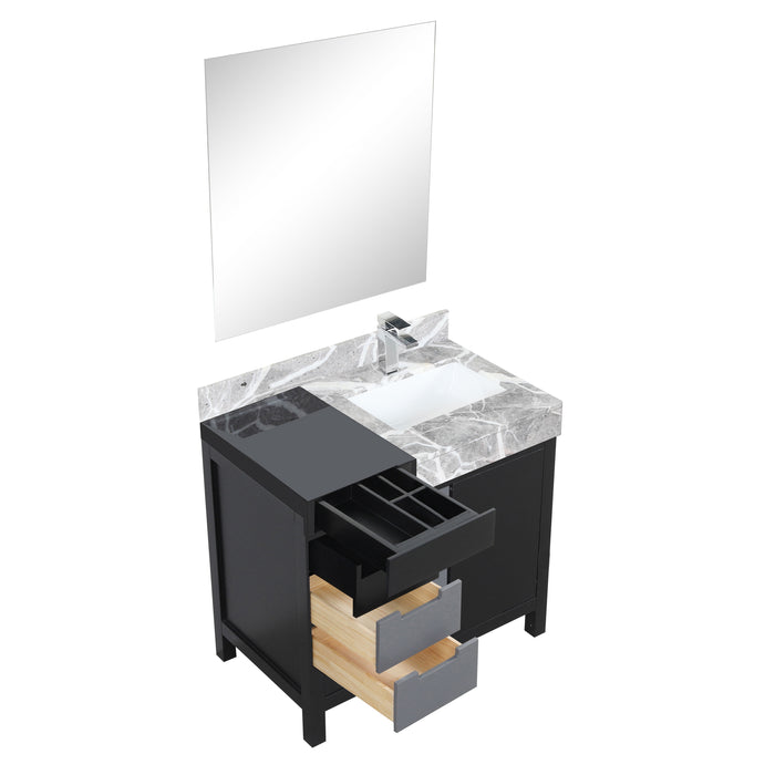 Lexora Zilara 36" Black and Grey Vanity, Castle Grey Marble Top, White Square Sink, Balzani Gun Metal Faucet Set, and 30" Frameless Mirror - LZ342236SLISM30FBG