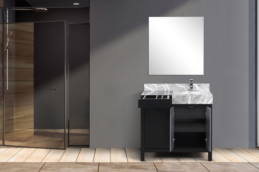 Lexora Zilara 36" Black and Grey Vanity, Castle Grey Marble Top, White Square Sink, Balzani Gun Metal Faucet Set, and 30" Frameless Mirror - LZ342236SLISM30FBG