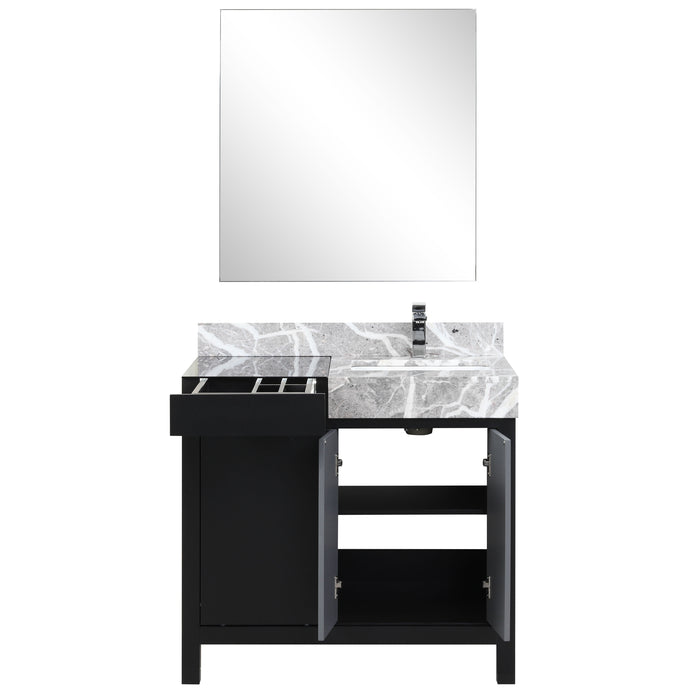 Lexora Zilara 36" Black and Grey Vanity, Castle Grey Marble Top, White Square Sink, Balzani Gun Metal Faucet Set, and 30" Frameless Mirror - LZ342236SLISM30FBG