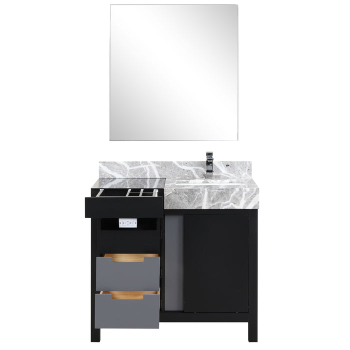 Lexora Zilara 36" Black and Grey Vanity, Castle Grey Marble Top, White Square Sink, Balzani Gun Metal Faucet Set, and 30" Frameless Mirror - LZ342236SLISM30FBG