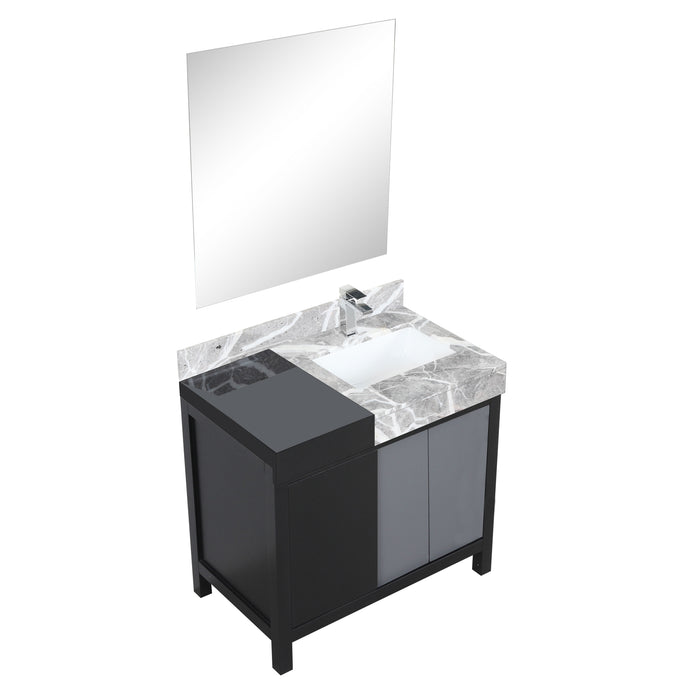 Lexora Zilara 36" Black and Grey Vanity, Castle Grey Marble Top, White Square Sink, Balzani Gun Metal Faucet Set, and 30" Frameless Mirror - LZ342236SLISM30FBG