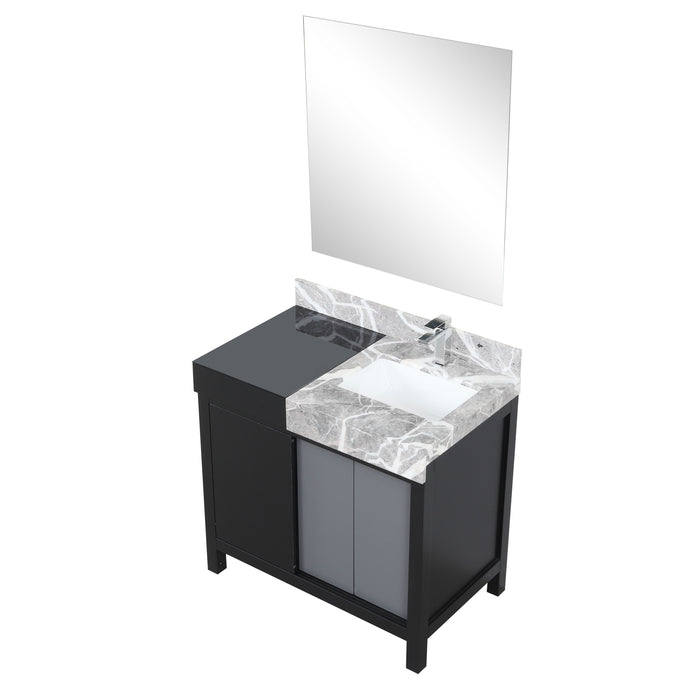 Lexora Zilara 36" Black and Grey Vanity, Castle Grey Marble Top, White Square Sink, Balzani Gun Metal Faucet Set, and 30" Frameless Mirror - LZ342236SLISM30FBG