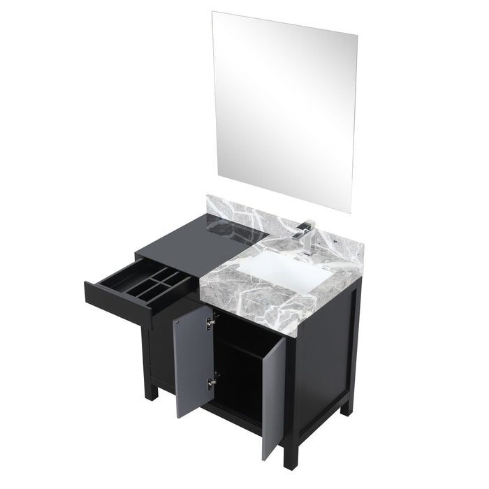 Lexora Zilara 36" Black and Grey Vanity, Castle Grey Marble Top, White Square Sink, Balzani Gun Metal Faucet Set, and 30" Frameless Mirror - LZ342236SLISM30FBG