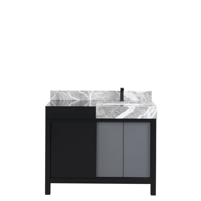 Lexora Zilara 42" Black and Grey Vanity, Castle Grey Marble Top, White Square Sink, and Balzani Gun Metal Faucet - LZ342242SLISFBG