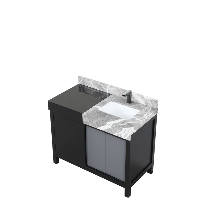 Lexora Zilara 42" Black and Grey Vanity, Castle Grey Marble Top, White Square Sink, and Balzani Gun Metal Faucet - LZ342242SLISFBG