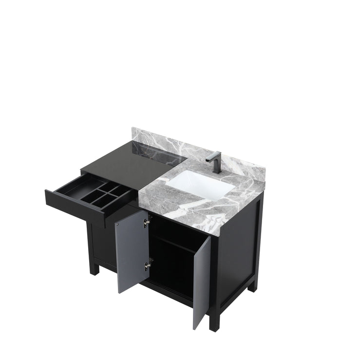 Lexora Zilara 42" Black and Grey Vanity, Castle Grey Marble Top, White Square Sink, and Balzani Gun Metal Faucet - LZ342242SLISFBG