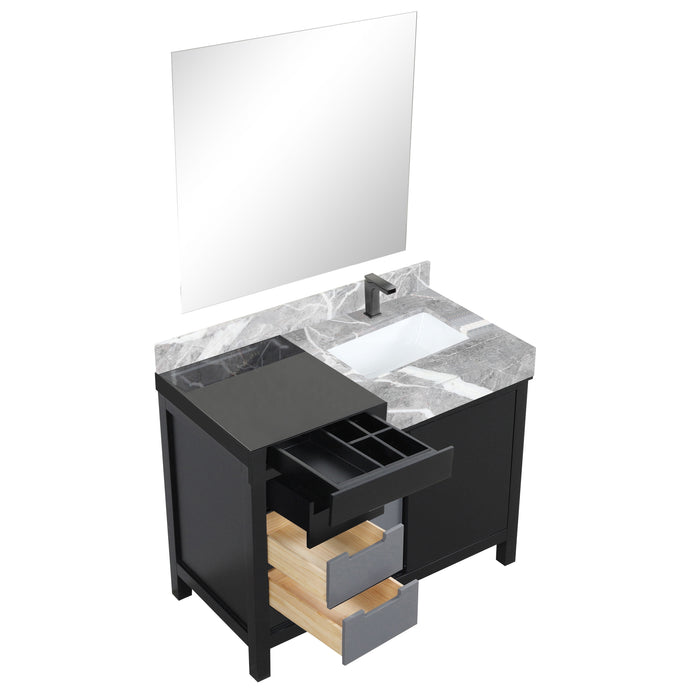 Lexora Zilara 42" Black and Grey Vanity, Castle Grey Marble Top, White Square Sink, Balzani Gun Metal Faucet Set, and 34" Frameless Mirror - LZ342242SLISM34FBG