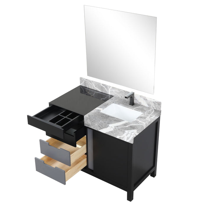 Lexora Zilara 42" Black and Grey Vanity, Castle Grey Marble Top, White Square Sink, Balzani Gun Metal Faucet Set, and 34" Frameless Mirror - LZ342242SLISM34FBG