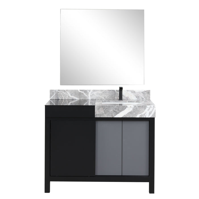 Lexora Zilara 42" Black and Grey Vanity, Castle Grey Marble Top, White Square Sink, Balzani Gun Metal Faucet Set, and 34" Frameless Mirror - LZ342242SLISM34FBG