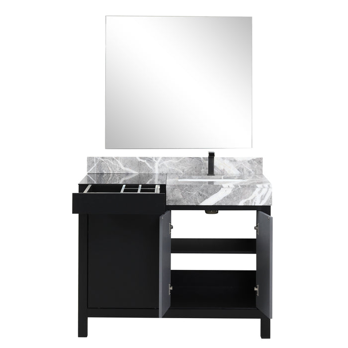 Lexora Zilara 42" Black and Grey Vanity, Castle Grey Marble Top, White Square Sink, Balzani Gun Metal Faucet Set, and 34" Frameless Mirror - LZ342242SLISM34FBG