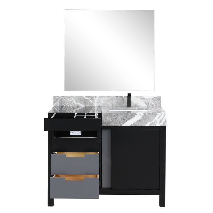 Lexora Zilara 42" Black and Grey Vanity, Castle Grey Marble Top, White Square Sink, Balzani Gun Metal Faucet Set, and 34" Frameless Mirror - LZ342242SLISM34FBG