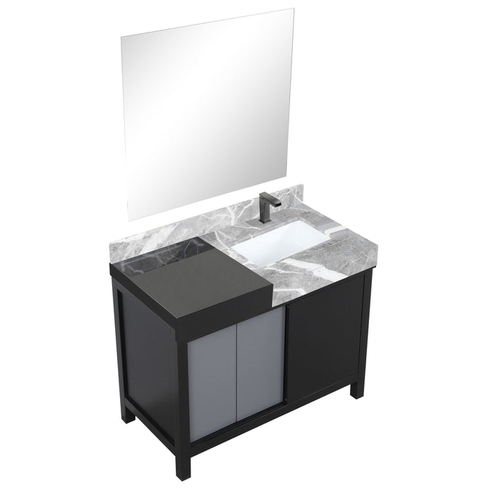 Lexora Zilara 42" Black and Grey Vanity, Castle Grey Marble Top, White Square Sink, Balzani Gun Metal Faucet Set, and 34" Frameless Mirror - LZ342242SLISM34FBG