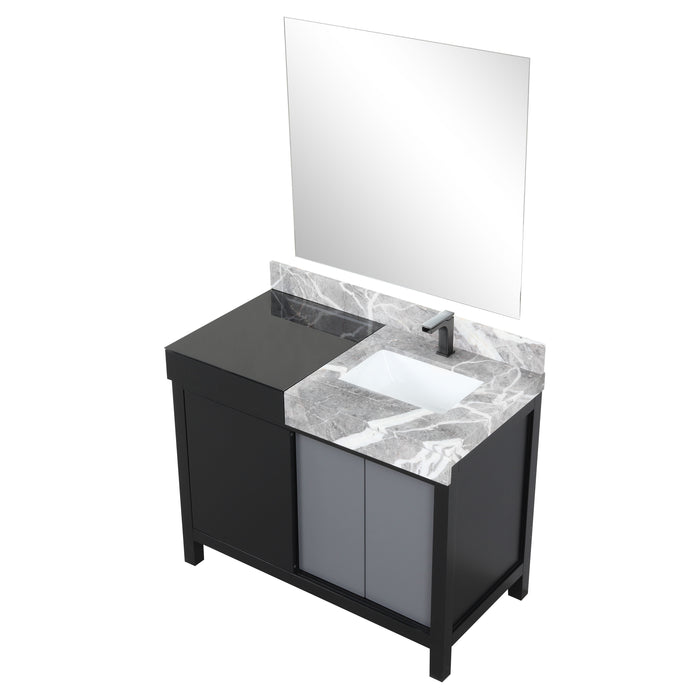 Lexora Zilara 42" Black and Grey Vanity, Castle Grey Marble Top, White Square Sink, Balzani Gun Metal Faucet Set, and 34" Frameless Mirror - LZ342242SLISM34FBG