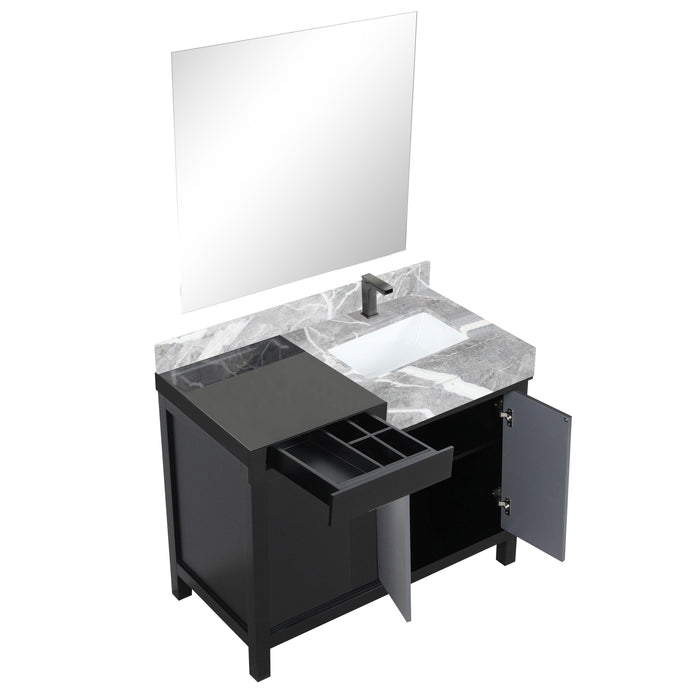 Lexora Zilara 42" Black and Grey Vanity, Castle Grey Marble Top, White Square Sink, Balzani Gun Metal Faucet Set, and 34" Frameless Mirror - LZ342242SLISM34FBG