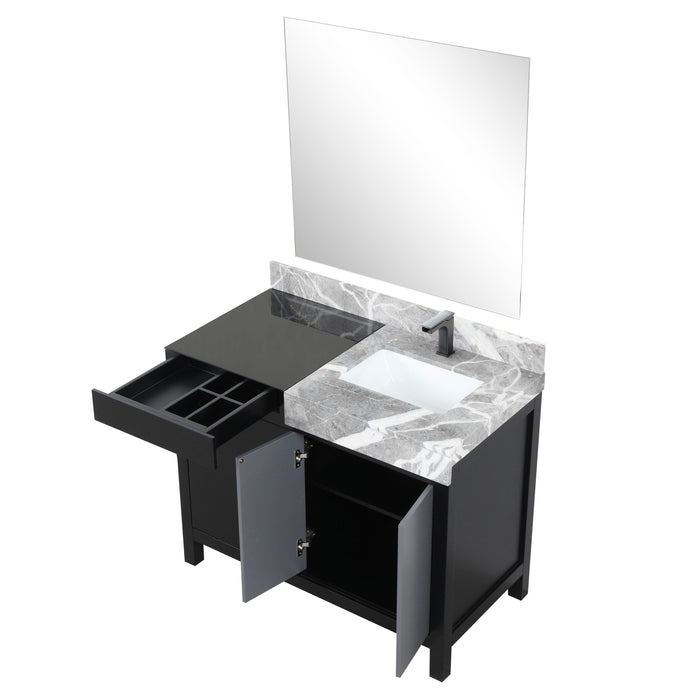 Lexora Zilara 42" Black and Grey Vanity, Castle Grey Marble Top, White Square Sink, Balzani Gun Metal Faucet Set, and 34" Frameless Mirror - LZ342242SLISM34FBG