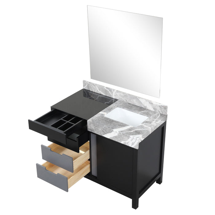 Lexora Zilara 42" Black and Grey Vanity, Castle Grey Marble Top, White Square Sink, and 34" Frameless Mirror - LZ342242SLISM34