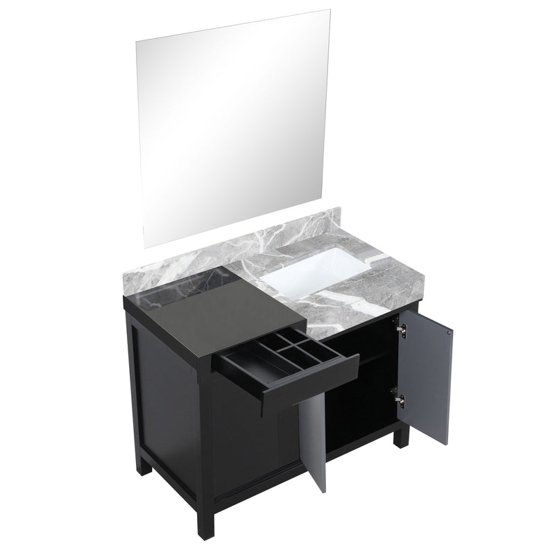 Lexora Zilara 42" Black and Grey Vanity, Castle Grey Marble Top, White Square Sink, and 34" Frameless Mirror - LZ342242SLISM34