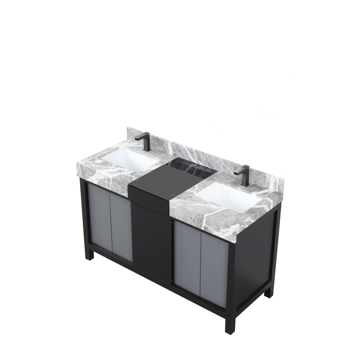 Lexora Zilara 55" Black and Grey Double Vanity, Castle Grey Marble Tops, White Square Sinks, and Balzani Gun Metal Faucet Set - LZ342255SLISFBG