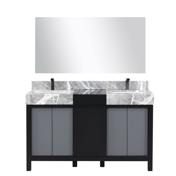 Lexora Zilara 55" Black and Grey Double Vanity, Castle Grey Marble Tops, White Square Sinks, Balzani Gun Metal Faucet Sets, and 53" Frameless Mirror - LZ342255SLISM53FBG